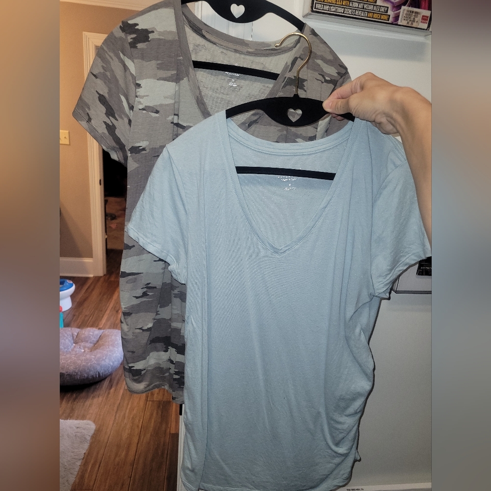 Set Of 2 - Isabel Maternity Camo and Light Blue V-Neck T-Shirts - Medium